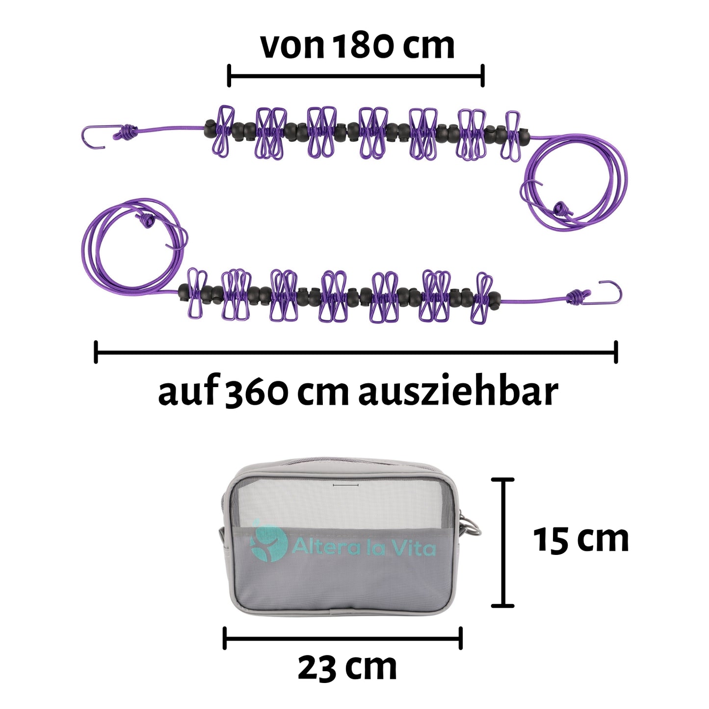 Altera la Vita Camping-Wäscheleine mit Klammern 2 Stück in Aufbewahrungstasche, 180-360 cm, Ideal für Camping Outdoor Urlaub Hotel NEUENTWICKLUNG