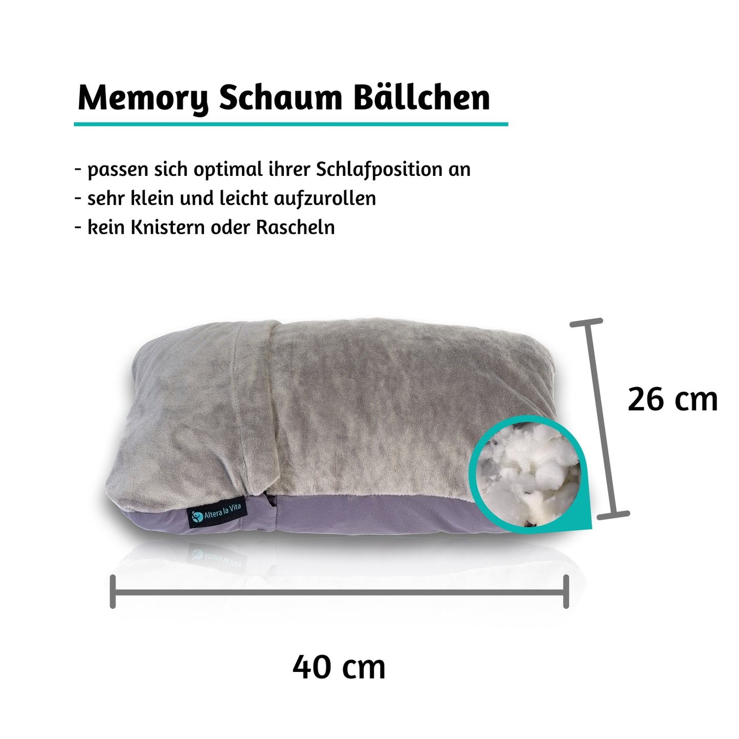 Altera la Vita Reise-Kissen Nackenkissen aus zerkleinertem Memory Foam - dadurch komprimierbar - für Flugzeug Bahn Auto Outdoor Camping, Ultraleicht klein kuschelweich