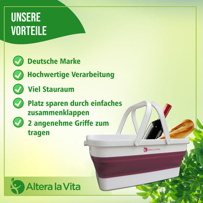 Altera la Vita Camping-Einkaufskorb Picknick Korb Spülbecken faltbar, klappbar 15 Liter wasserdicht platzsparend für Camping Wohnmobil Wohnwagen