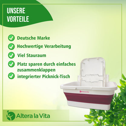 Altera la Vita Picknickkorb Camping-Einkaufskorb Spülbecken faltbar mit Deckel und Tisch klappbar 15 Liter wasserdicht für Camping Wandern Wohnmobil